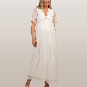 PinkBlush Cream Lace Mesh Overlay Maternity Maxi Dress Small